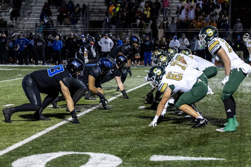 Lincoln-Way East faces-off against Stevenson during a varsity football round one playoff game at Lincoln-Way East on Oct. 31, 2025.