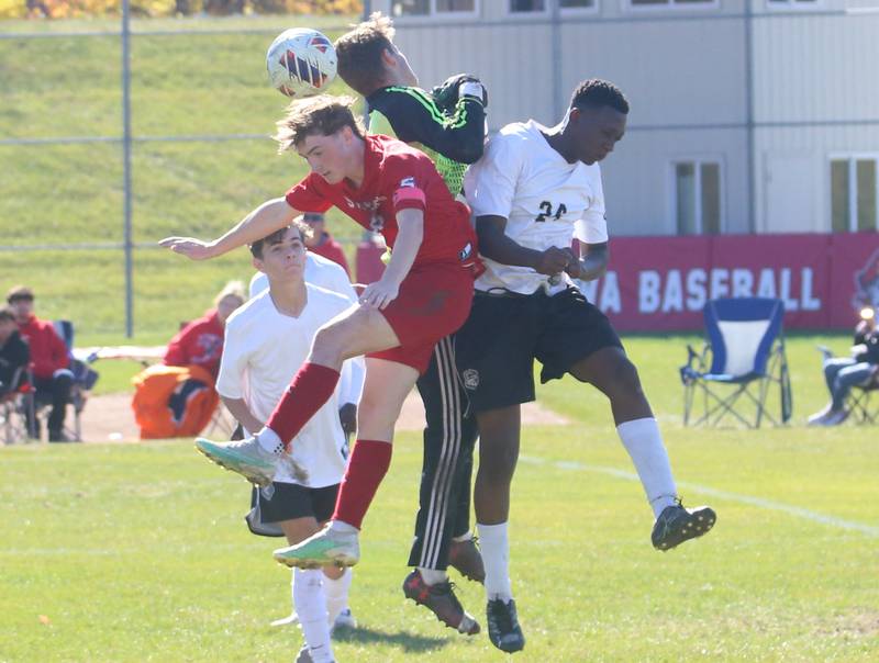 Streator's Noah Russow misses a header in the box against Galesburg during the Class 2A Regional final on Saturday, Oct. 26, 2024 at Ottawa High School.