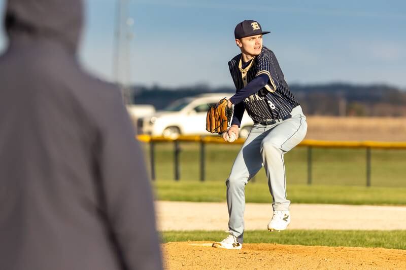 Bentley Payne of Hiawatha pitches on Monday, April 7, 2025 at Serena High School in Serena.