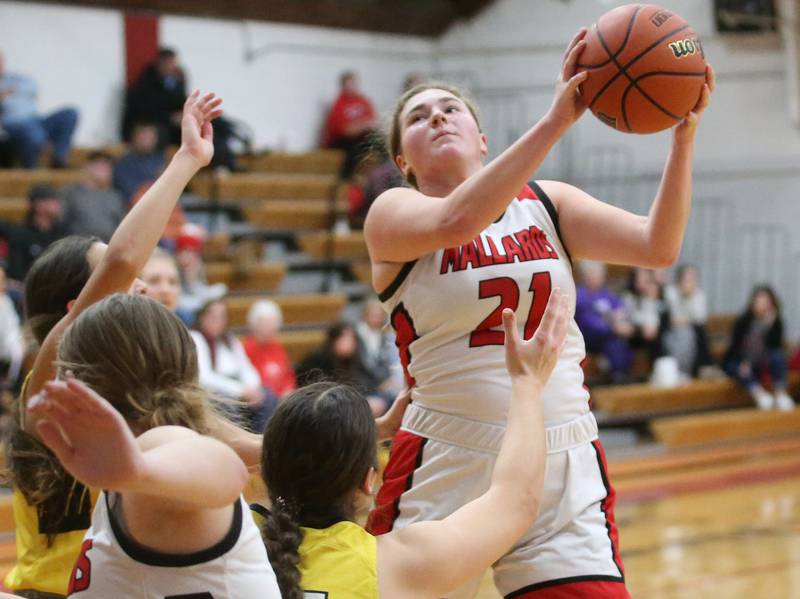 Henry-Senachwine's Brooklynn Thompson eyes the bucket while shooting a shot over Putnam County on Monday, Dec. 18, 2023 in Henry.