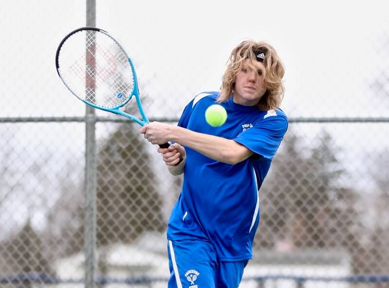 Princeton's Niklas Schneider makes a return Tuesday's tennis meet with Coal City. He teamed with Matthew Sims for a 6-3, 6-0 win at No. 2 doubles over Coal City.