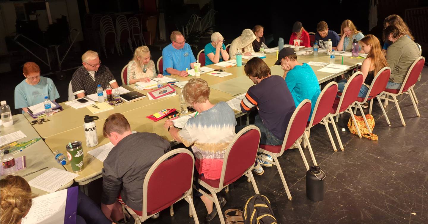 The "MAME!" cast does a table read prior to stage rehearsal of the Illinois Valley Community College production.