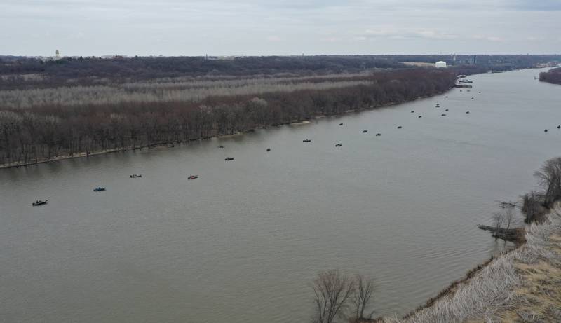 Dozens of boats align the Illinois River for the National Walleye Tour on Tuesday, March 21, 2023 at the Spring Valley Boat Club.