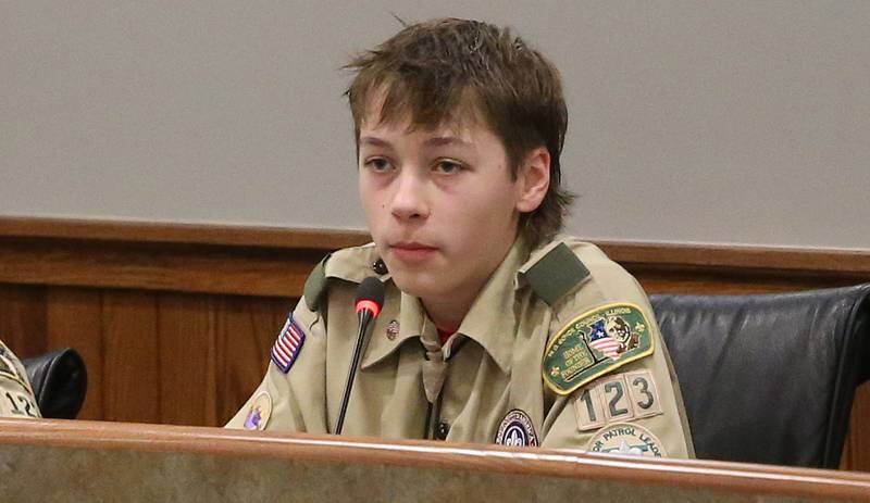 Boy Scout Troop #123 member Gabriel Bunch asks questions Thursday, Jan. 23, 2025 in the council chambers inside Peru City Hall. The troop asked questions to Peru Mayor Ken Kolowski while earning their citizenship in the community Merit badge. Members asked questions and learned how Peru functions as a city of government.