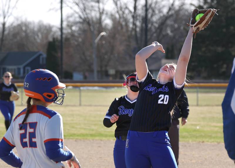 Hinckley-Big Rock's Cailyn  Mrowczynski catches the pop-up hit by Genoa-Kingston's Brooklynn Ordlock Monday, March 23, 2026, during their game at Hinckley-Big Rock High School.