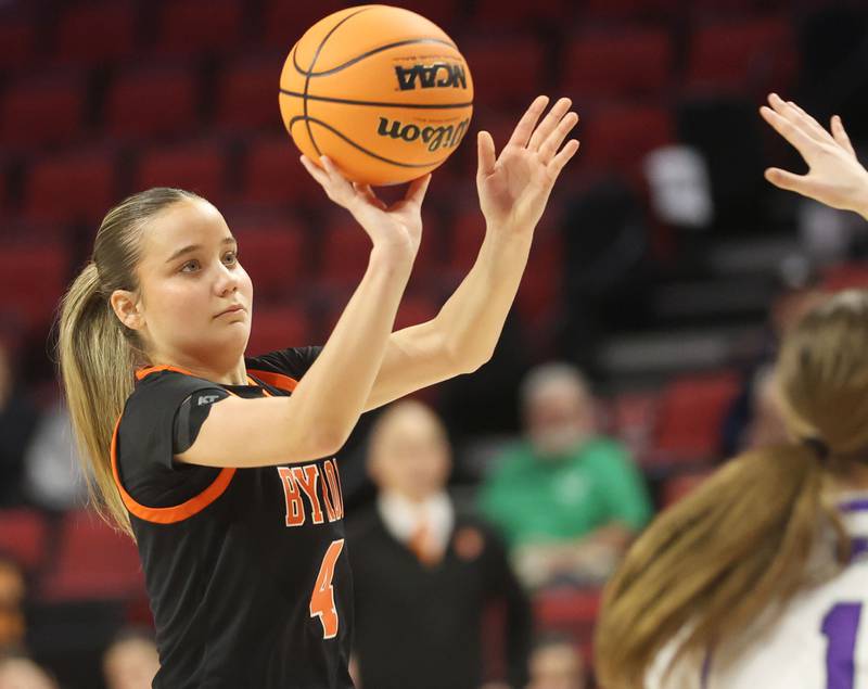Byron's Macy Groharing lets go of a jump shot against Breese Central during the Class 2A title game on Saturday, March, 7, 2026 at CEFCU Arena in Normal.