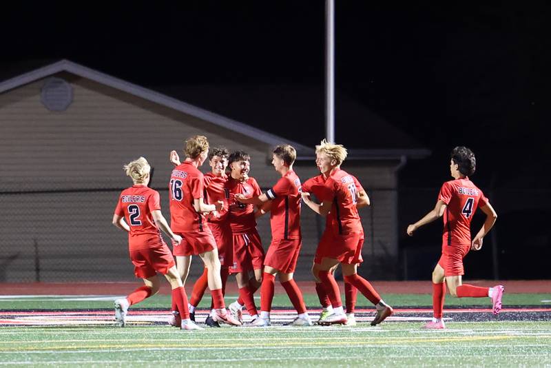 Bradley-Bourbonnais players rush to celebrate a goal by Guadalupe Valadez, center, late in the second half during the Boilermakers' 1-0 victory over the Kays in the All-City match on Tuesday, Sept. 9, 2025.