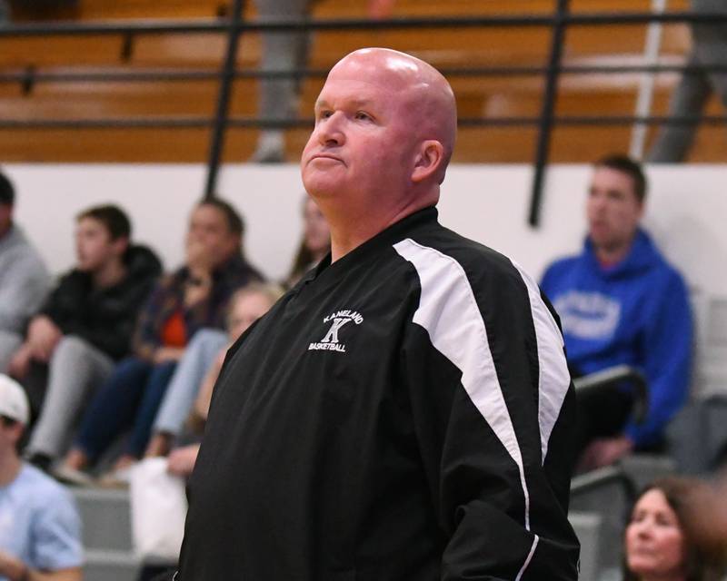 Kaneland's head coach Ernie Colombe looks on during the game on Wednesday Dec. 11, 2024, while taking on Sycamore High School held at Kaneland High School in Maple Park.