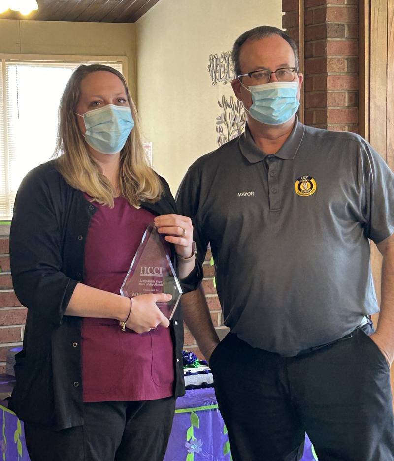 The Director of Nursing at Allure of Peru, Allison Ciesielski, was award the Health Care Council of Illinois Hero of the Month.  Peru Mayor Ken Kolowski was on-hand for the award presentation.