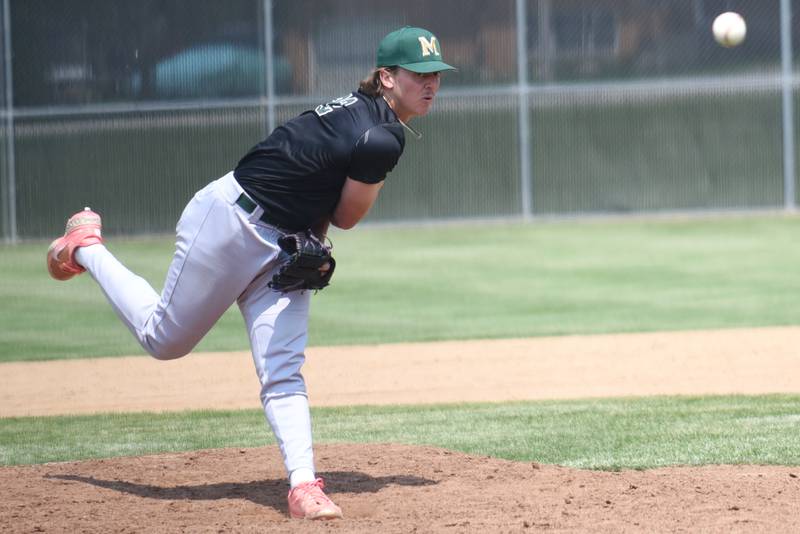 Bishop McNamara's Dom Panozzo throws a pitch during the Class 2A Beecher Sectional championship game against Wilmington Saturday, May 31, 2025.