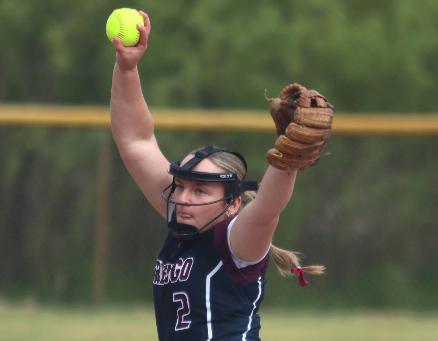 Marengo’s Ellie White delivers against Aurora Central Catholic in varsity girls softball IHSA Class 2A Regional Title Game action on Friday, May 22, 2026 at Raymond Benoy Field on the campus of Marian Central High School in Woodstock.