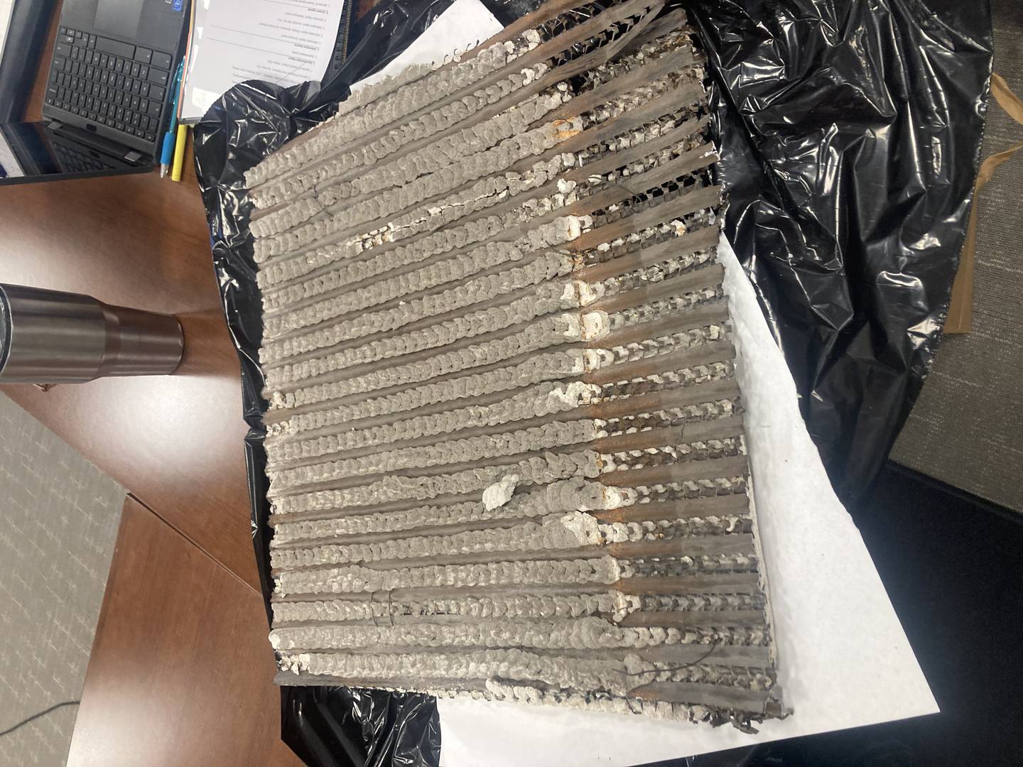 Piece of the plaster and metal mesh ceiling which collapsed in Room 310 of LTHS Central Campus on Nov. 2.