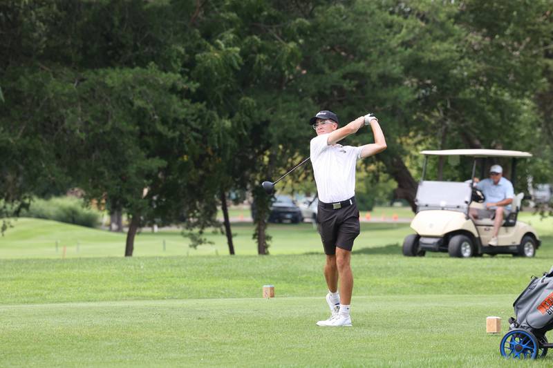 Beecher's Ben Anaclerio watches his drive during the Bill Breeden All-Area Classic at the Kankakee Elks on Monday, Aug. 18, 2025. Anaclerio would tally an 83 to earn fourth place individually and help the Bobcats to their fifth consecutive overall win in the event.