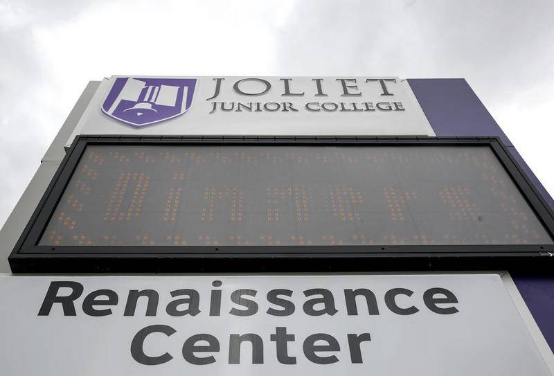 The Joliet Junior College Renaissance Center stands alight on March 31 in downtown Joliet.