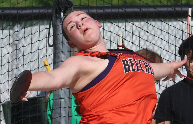 Beecher's Fiona-Storbeck Hagen throws discus during the Class 1A Sectional meet on Thursday, May 14, 2026 at Seneca High School.