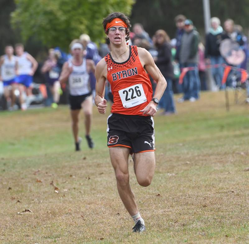 Byron's Tim Starwalt sprints to the finish line at the 1A Winnebago Boys Regional on Saturday, Oct. 25, 2025 at the Levi and Ester Fuller Memorial Forest Preserve. Starwalt won the race 14:17.