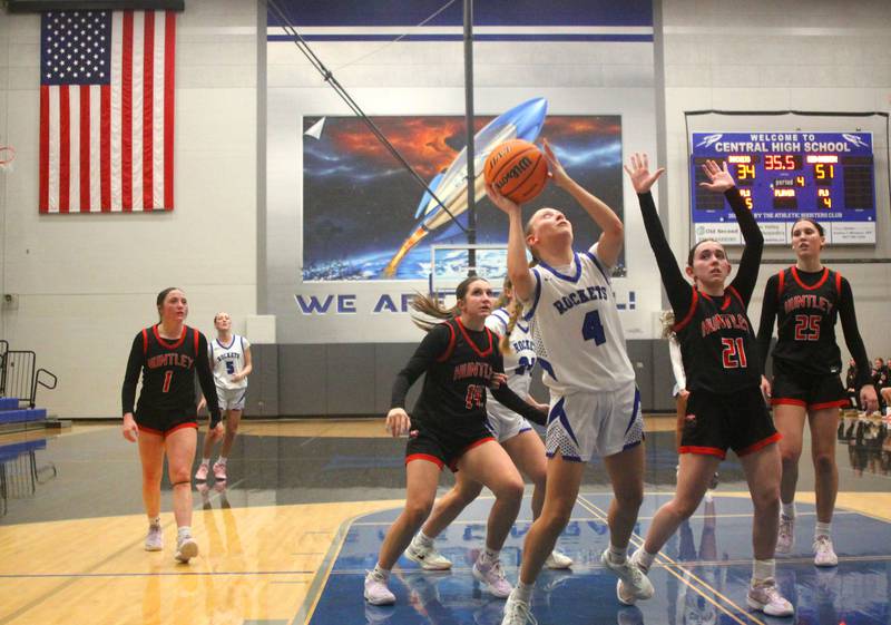 Burlington Central’s Ashley Waslo works under the hoop against Huntley in varsity girls basketball on Monday, Feb. 9, 2026, at Central High School in Burlington.