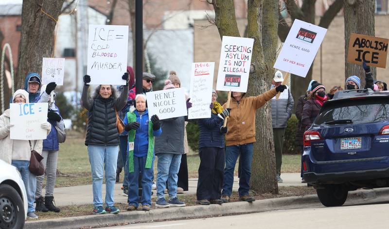 Over 100 protesters gathered during a "ICE out for good" rally on Sunday, Jan. 11, 2026 at Washington Park in Ottawa. Illinois Valley Indivisible held the rally. Protesters rallied in solidarity with Renee Nicole Good, the woman who was shot and killed by an ICE agent in Minneapolis on Wednesday.