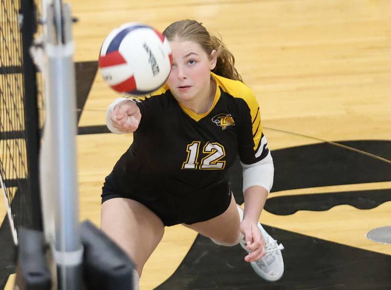 Putnam County's Chloe Parcher saves the ball against Orion during the Class 1A Regional final on Thursday, Oct. 30, 2025 at Putnam County High School.