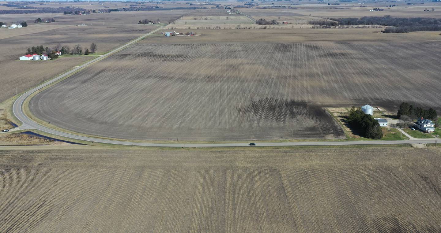 A view of the Bureau County geographic center looking north on Monday, March 30, 2026 near Princeton. The center of the county is located about 1,000 feet south of the intersection of Backbone Road and 1800 North Avenue, approximately 3.8 miles northwest of Princeton. Its exact coordinates are 41°24′14.8″N, 89°31′43.3″W. The location is on private land.