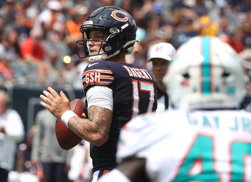 Chicago Bears quarterback Tyson Bagent looks for a receiver Sunday, Aug. 10, 2025, during their game against the Miami Dolphins at Soldier Field in Chicago.