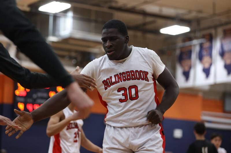Bolingbrook’s Michael Osei-Bonsu celebrates after the Raiders’ 51-41 win against Andrew in the Class 4A Oswego Sectional semifinal. Wednesday, Mar. 2, 2022, in Oswego.