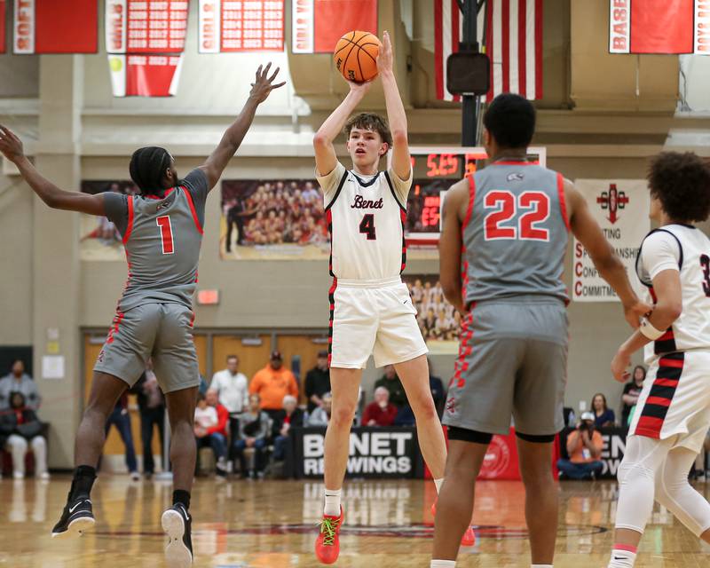 Benet's Daniel Pauliukonis (4) shoots a jumper during their When Sides Collide Shootout basketball tournament matchup between Rich Township at Benet Academy. Jan 25, 2025 in Lisle.