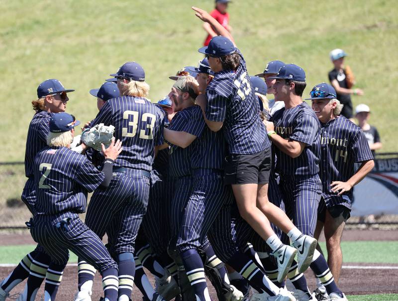 Lemont players celebrate their Class 3A state semifinal win over Highland Friday, June 7, 2024, at Duly Health and Care Field in Joliet.