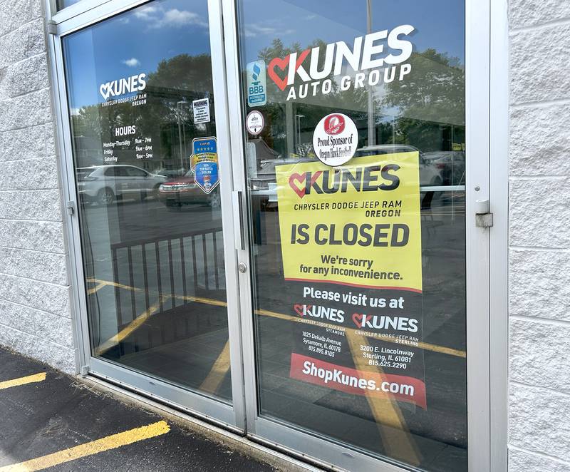 Signs informing the public about the closure of the Kunes' auto dealership in Oregon, 601 Gale St., were placed on showroom windows on Thursday, Sept. 4, 2025. Employees were notified Friday, Aug. 29. Customers are being directed to Kunes' dealerships in Sterling and Sycamore.
