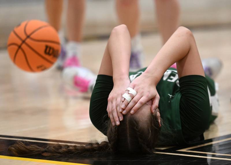 Grayslake Central's Madison Hoffmann reacts to a foul call during the Hersey Class 3A supersectional game against Montini on Monday, March 3, 2025 in Arlington Heights.
