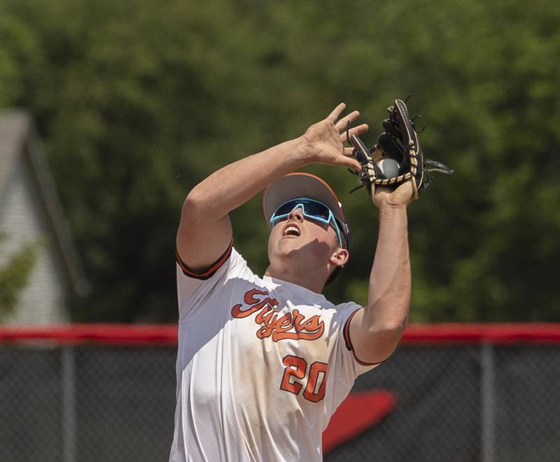 Byron’s Caden Considine hauls in a pop-up for an out against Oregon Saturday, May 24, 2025, in the Stillman Valley Class 2A Regional final.