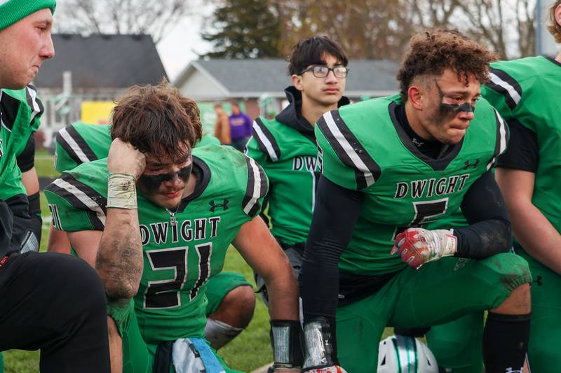 Dylan Crouch (left) and Caiden Nelson (right) of Dwight/Gardner-South Wilmington mourn loss to Farmington on Saturday, November 16, 2024 at Dwight High School in Dwight.