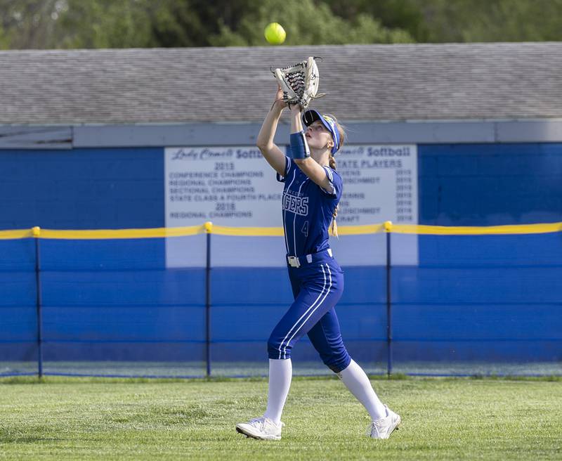 Princeton’s Caroline Kreutzer hauls in a fly ball against Newman Monday, April 29, 2024.