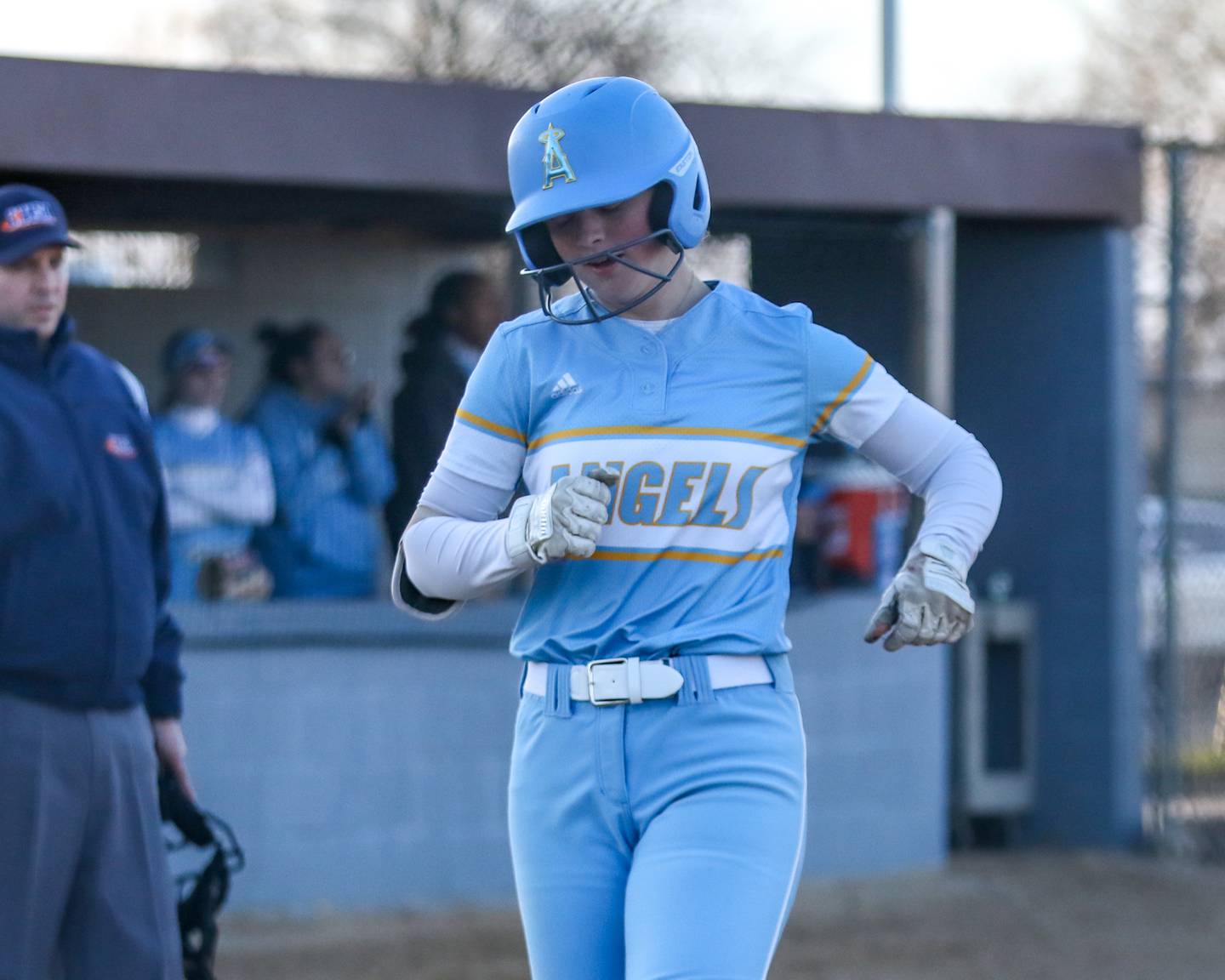 Joliet Catholic's Molly Ryan (17) scores a run in the bottom of the seventh inning during softball game between Minooka at Joliet Catholic on Tuesday, April 8, 2025  in Joliet.