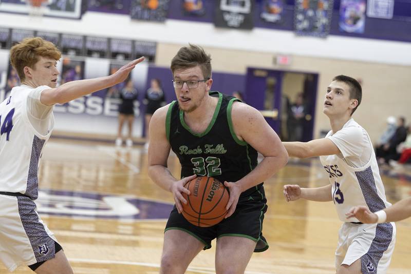 Rock Falls’ Chevy Bates works under the basket against Dixon Tuesday, Feb. 7, 2023.