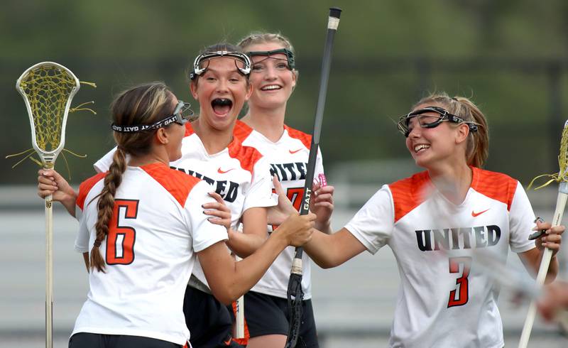 Crystal Lake Central’s United team celebrates a win over  Huntley in IHSA Sectional Title Game action at Crystal Lake Central High School in Crystal Lake on Friday, May 30, 2025.