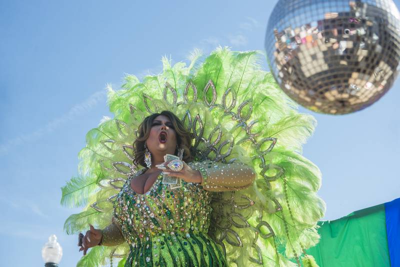 Drag performer Bentley shows off her style during the first of two drag performances Saturday, June 18, 2022 at Dixon’s Pride Fest.
