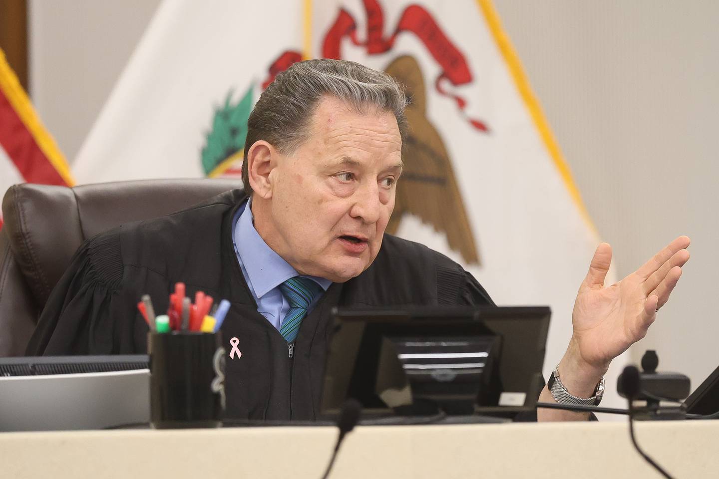 Judge Art Smigielski denies a petition by prosecutors for Gilbert Bernal to find an alternate address further away from the residence of Will County State's Attorney James Glasgow on Thursday, Feb. 26, 2026 at the Will County Courthouse in Joliet. Gilbert Bernal, 82, formerly of Michigan, is charged with the 1988 murder of his wife Joan Bernal, 34.