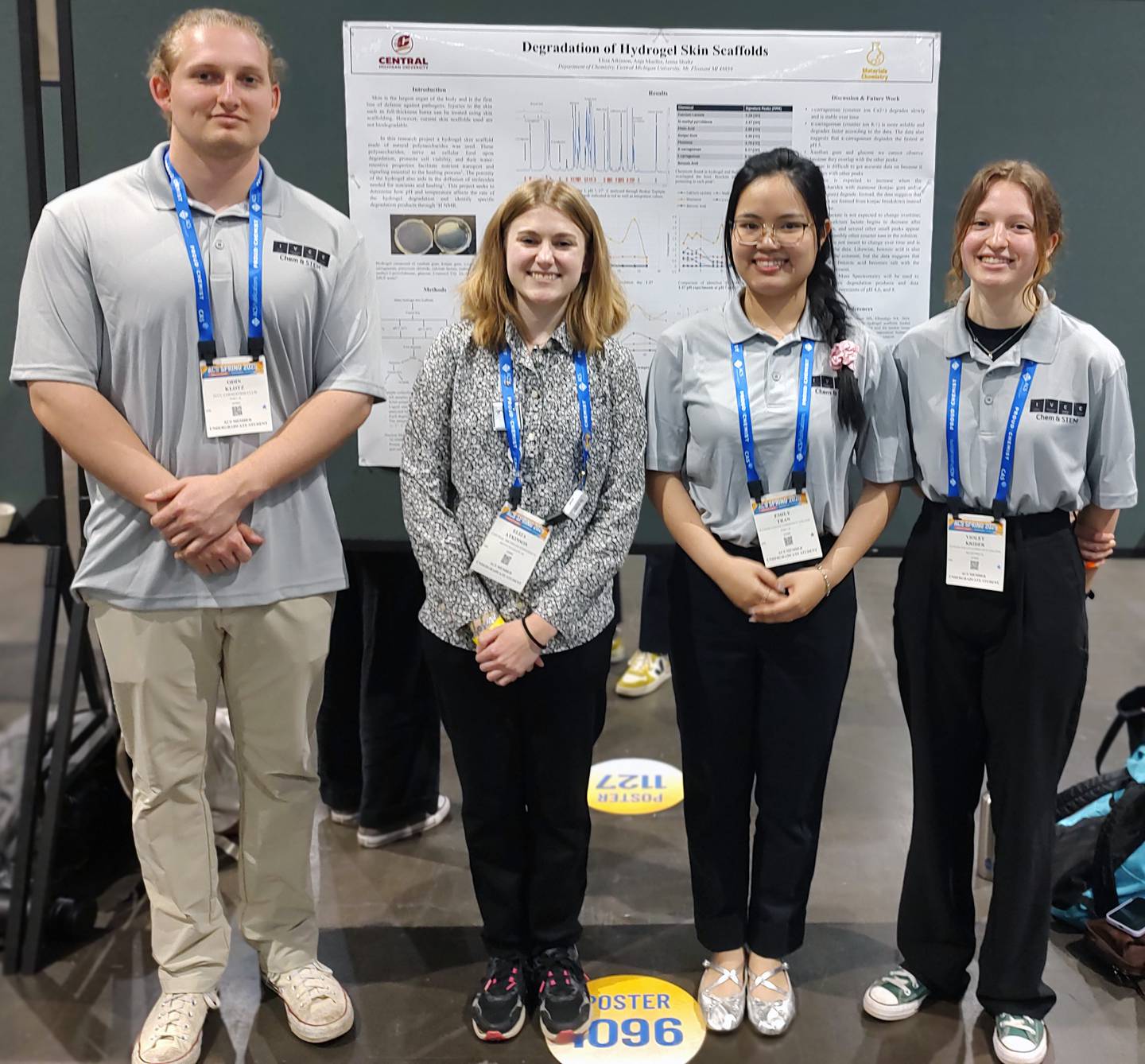 Present and past fused together briefly during the American Chemical Society national meeting, which reunited IVCC graduate Eliza Atkinson (second from left) with Professor Matthew Johll. Atkinson, who now attends Central Michigan University, presented a research paper and three of Johll’s current students -- Odin Klotz, Emily Tran and Violet Krider -- presented a project poster.