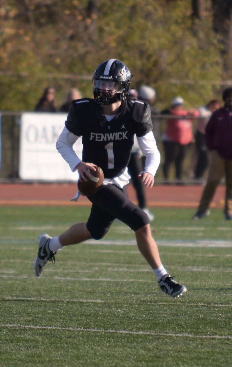 Fenwick's Frankie Hosty looks for a pass during their playoff game against Brother Rice Saturday, Nov. 2, 2024.