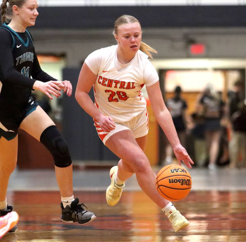 Crystal Lake Central’s Allison Barnett moves the ball against Woodstock North in varsity girls basketball on Monday, Jan. 26, 2026, at Crystal Lake Central High School in Crystal Lake.