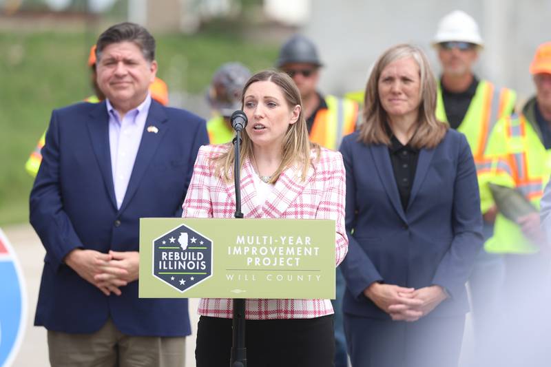 State Sen. Rachel Ventura, D-Joliet, speaks at the construction kickoff for the new Interstate 80 Des Plaines River bridges on Friday, May 20, 2026 in Joliet.