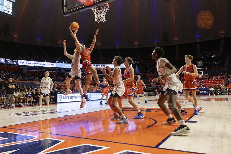 Eastland and Peoria Christian face off in the state semifinal Thursday, March 13, 2025, during the Class 1A boys basketball tournament.