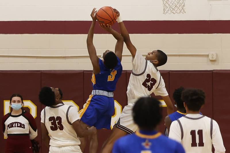 Lockport’s Khari Carpenter blocks a shot against Joliet Central. Monday, Jan. 31, 2022 in Lockport.