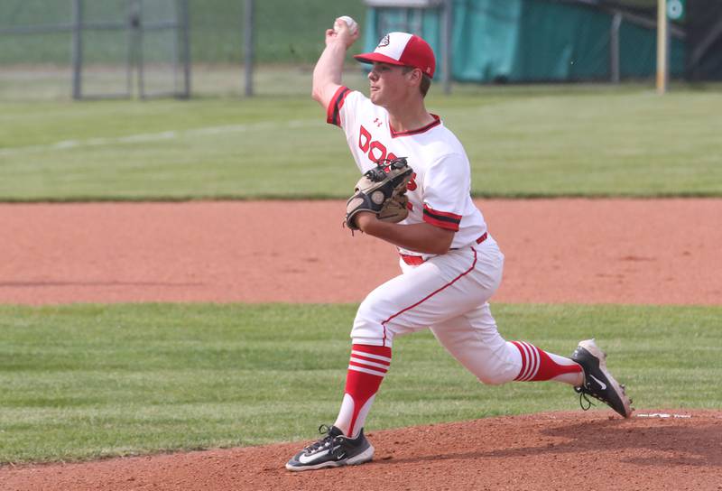 Streator's Adam Williamson sets go of a pitch during the Class 3A Sectional semifinal game against Richwoods on Wednesday, May 31, 2023 at Metamora High School.