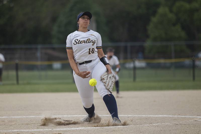 Sterling’s Lily Martinez fires a pitch against Belvidere North Friday, May 30, 2025, in the Class 3A Regional final in Dixon.