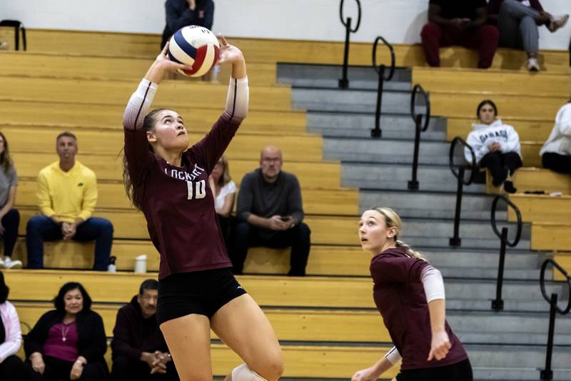 Lockport's Natalie Bochantin sets-up a teammate during a varsity volleyball game against Lincoln-Way Central at Lincoln-Way Central on Oct. 9, 2025.