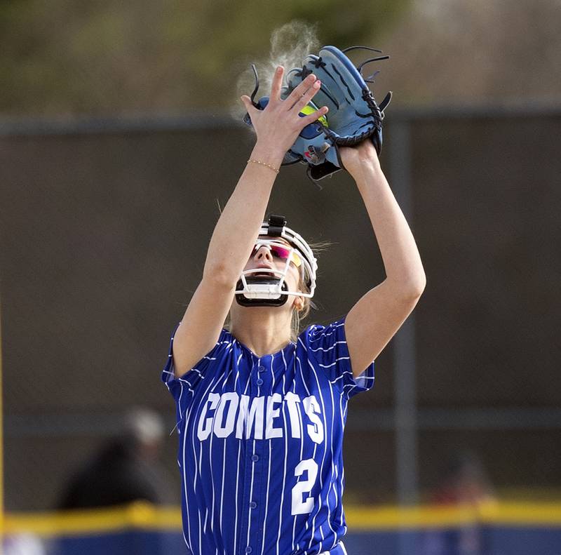 Newman’s Brenleigh Cook hauls in a pop up against Bureau Valley Wednesday, April 16, 2025.