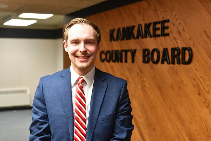 Kankakee County Board chairman Matthew Alexander-Hildebrand, 27, stands outside the board room on Feb. 4, 2025. Alexander-Hildebrand, of Bourbonnais, became the youngest person elected to the position in December after winning reelection to his board seat in November.