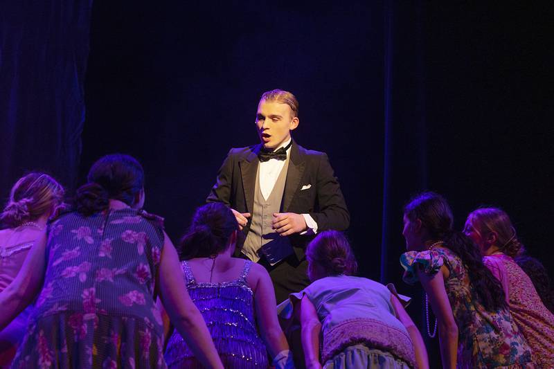 Cole Stumpenhorst rehearses the part of Jimmy Winter Thursday, Feb. 23, 2023 for the production of Sterling High School’s “Nice Work…If You Can Get It.”